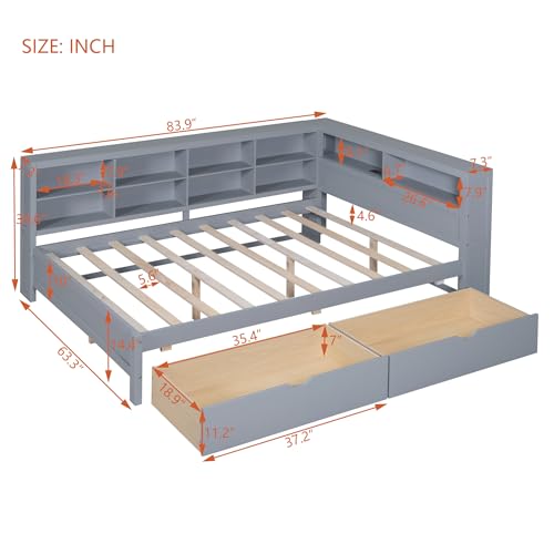 Grey Wood Twin Size L-Shape Daybed with Bookcase and Drawers and Storage Headboard A819488