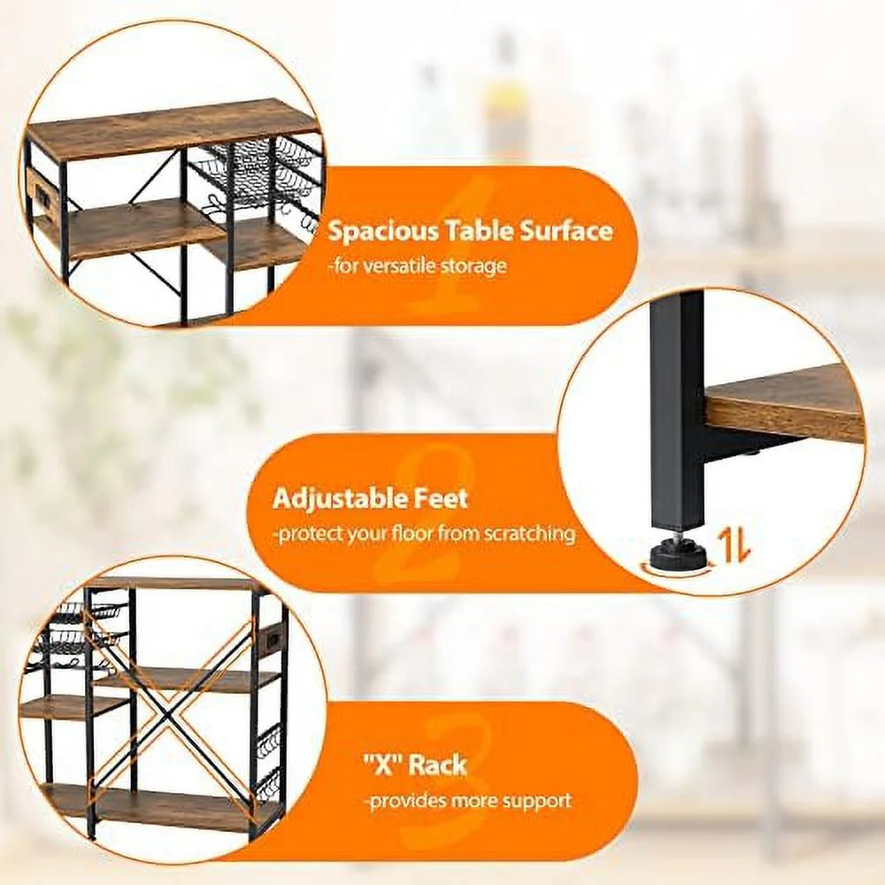 Rustic Brown Metal Frame Bakers Rack with Wire Basket T855