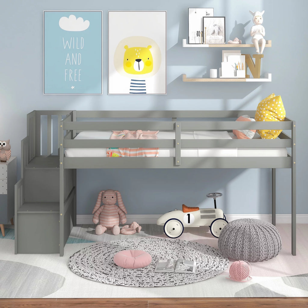 Gray Wood Low Loft Bed Frame with Storage and Stairs O217240