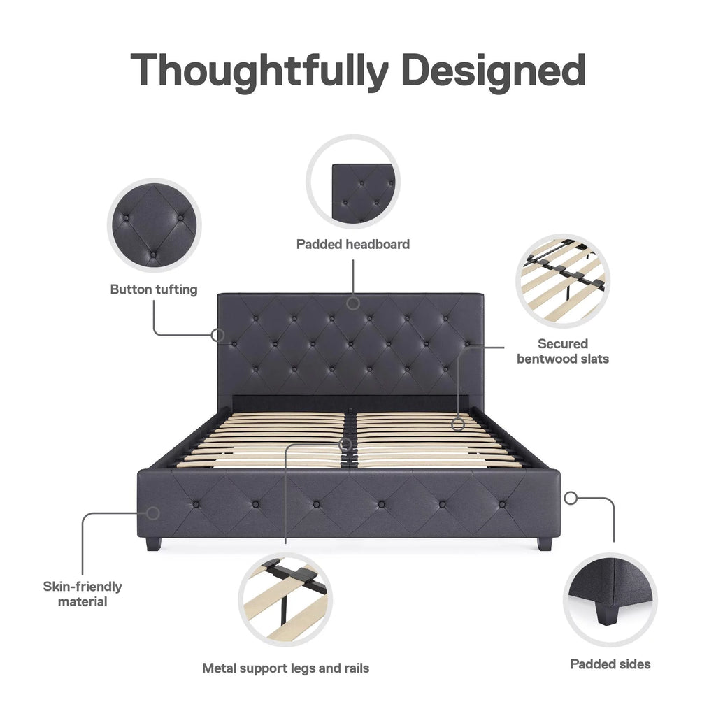 Queen Gray Faux Leather Upholstered Platform Bed V6554