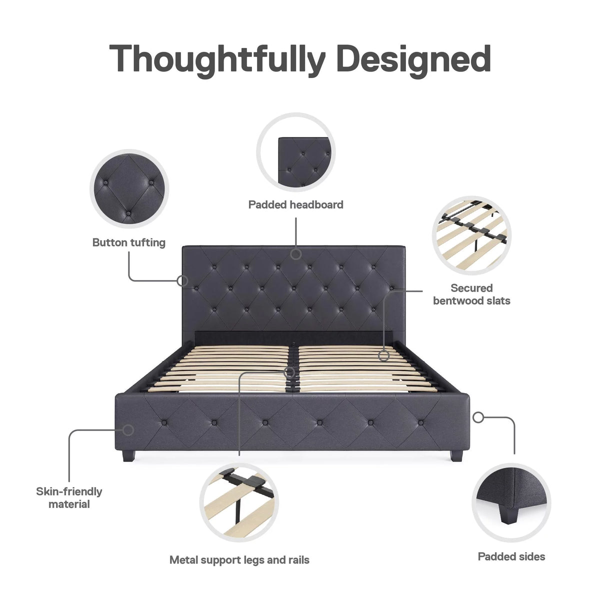 Queen Gray Faux Leather Upholstered Platform Bed V6554