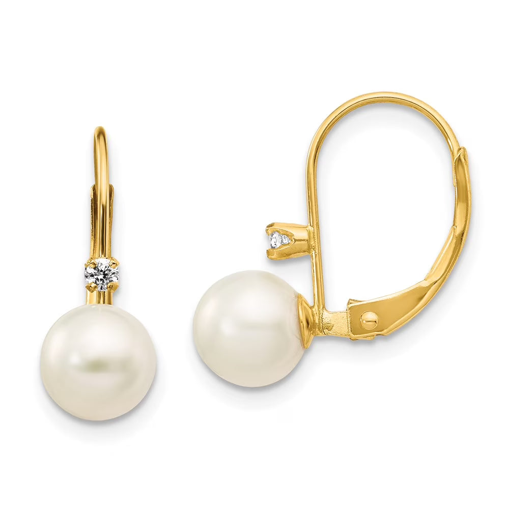 14kt Yellow Gold FW Cultured Pearl Diamond Leverback Earrings L98064