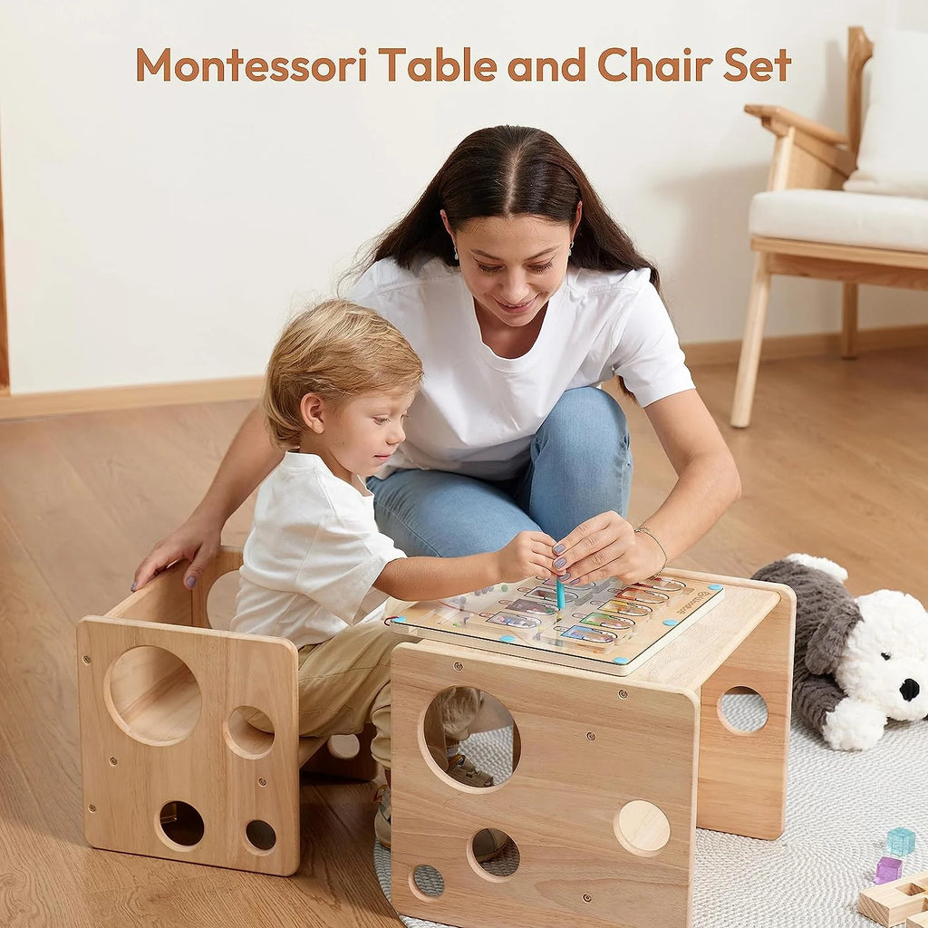 Montessori Weaning Table and Chair Set Natural Solid Wooden Kids Table Cube Chair M76995