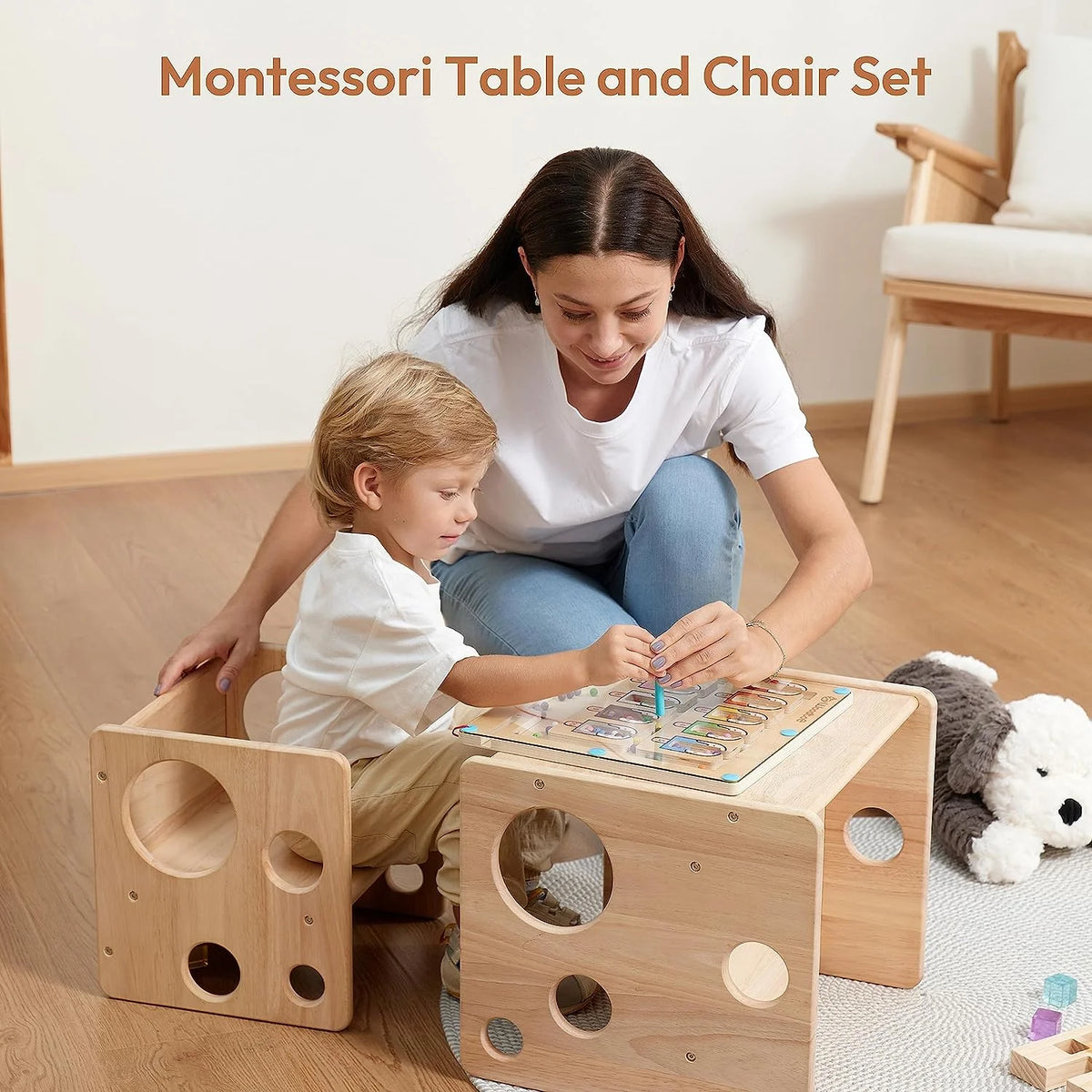 Montessori Weaning Table and Chair Set Natural Solid Wooden Kids Table Cube Chair M76995