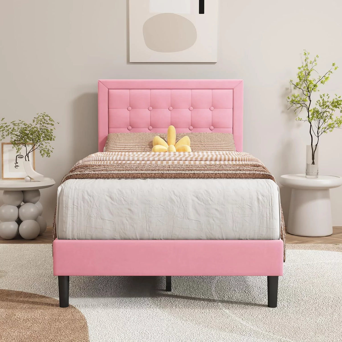 Pink Velvet Upholstered Platform Bed Frame Twin Size P118