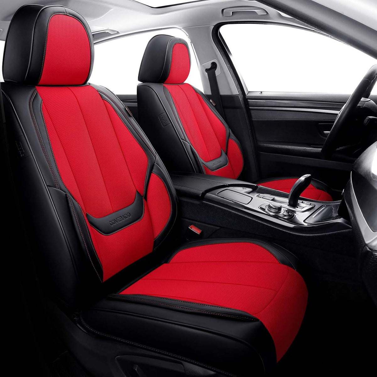 Red Fabric Leather Car Seat Covers 2 Pieces W87869