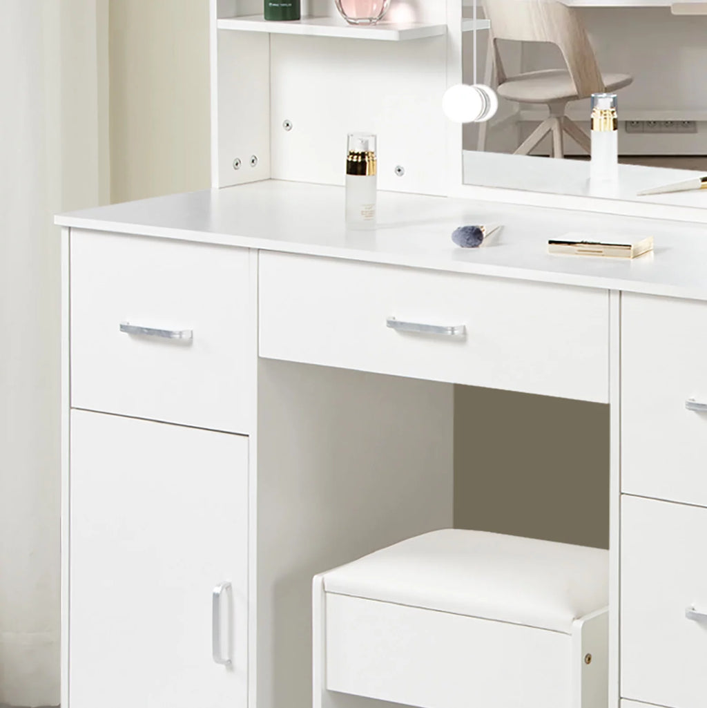 White Vanity Set with LED Lights, Stool, 5 Drawers V1494