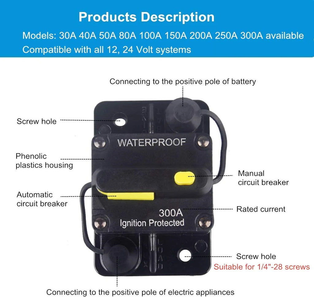 300 Amp Circuit Breaker DC 12V -48V Waterproof Manual Reset (300A) W473692