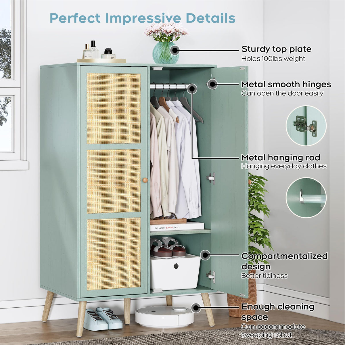 55" Wood Armoire Wardrobe Closet with Rattan Doors T6666