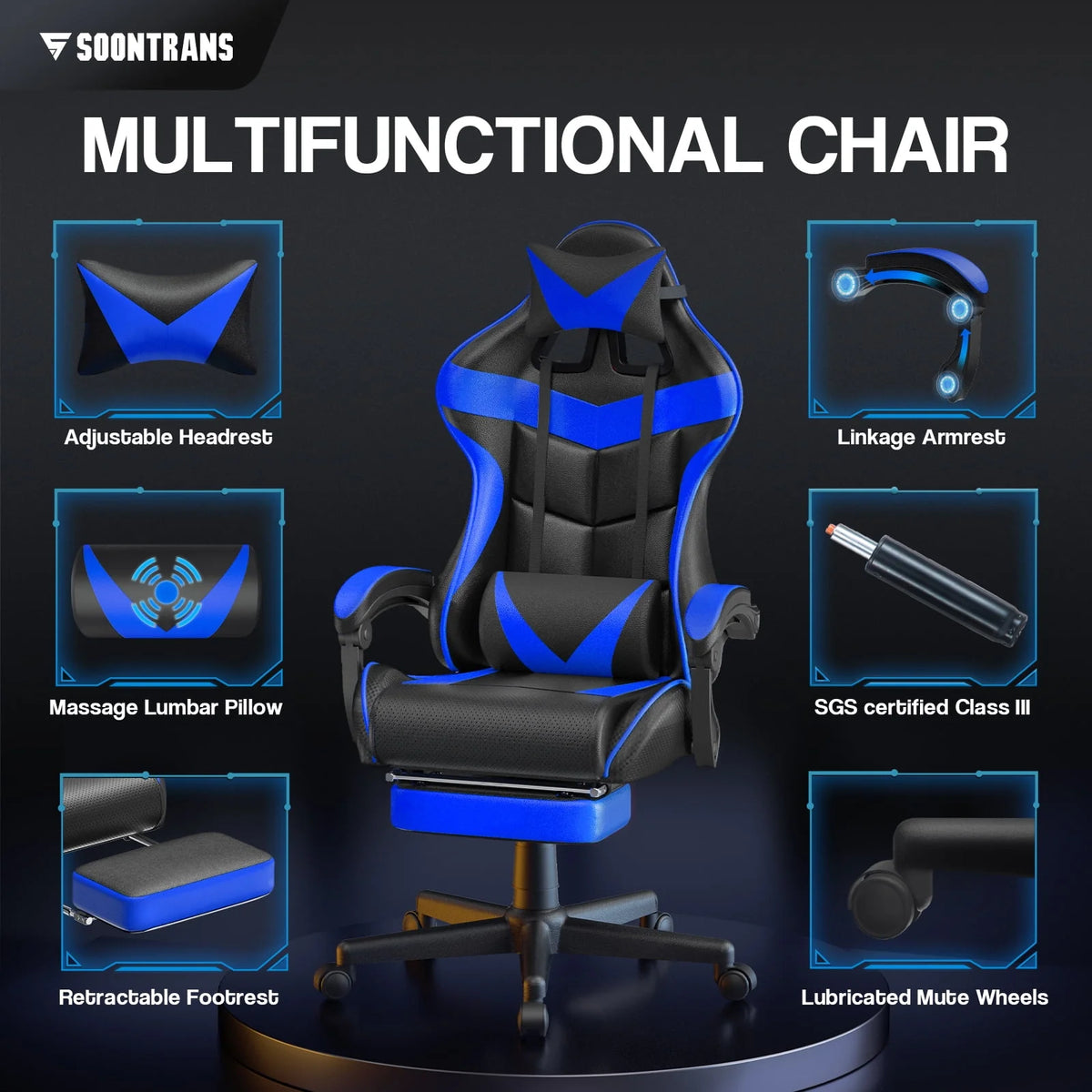 Blue Ergonomic Massage Gaming Chair with Footrest G35292