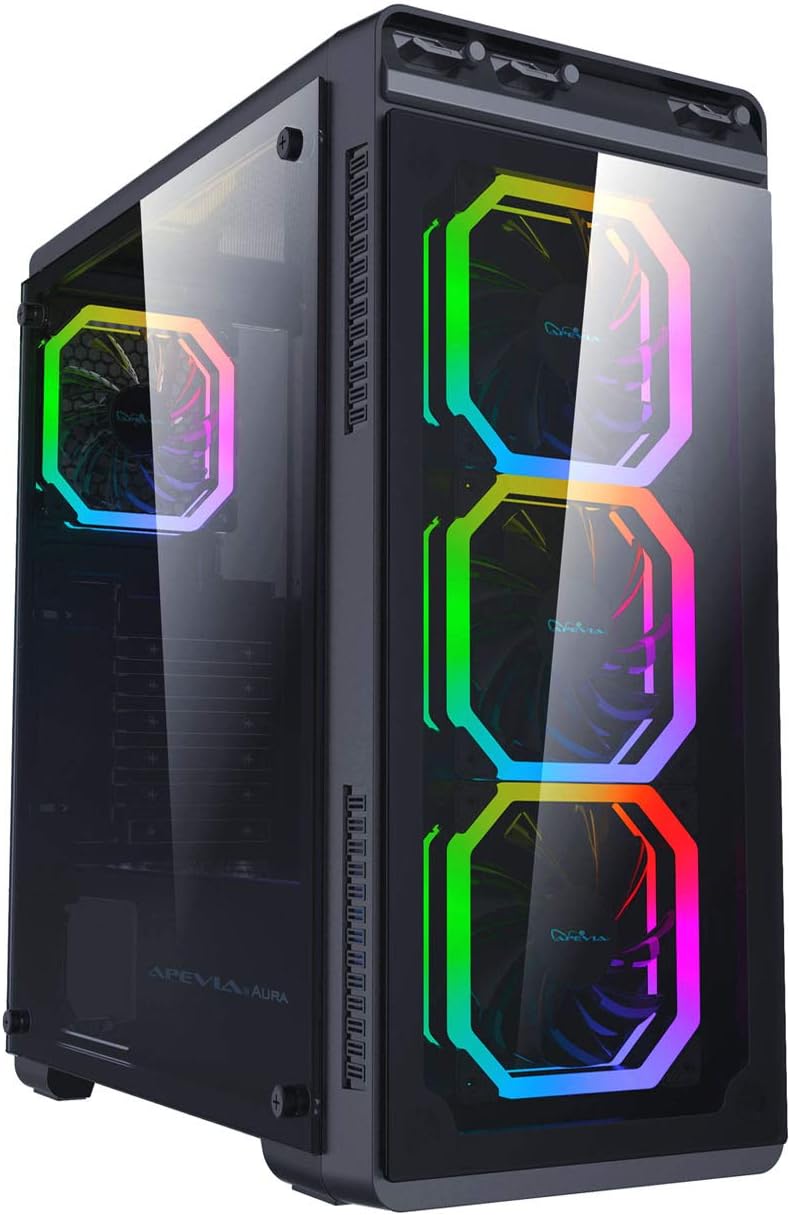 Black Mid Tower Gaming Case with Tempered Glass Panel and RGB Fans J166313