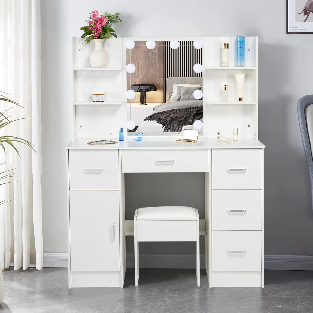 White Vanity Set with LED Lights, Stool, 5 Drawers V1494