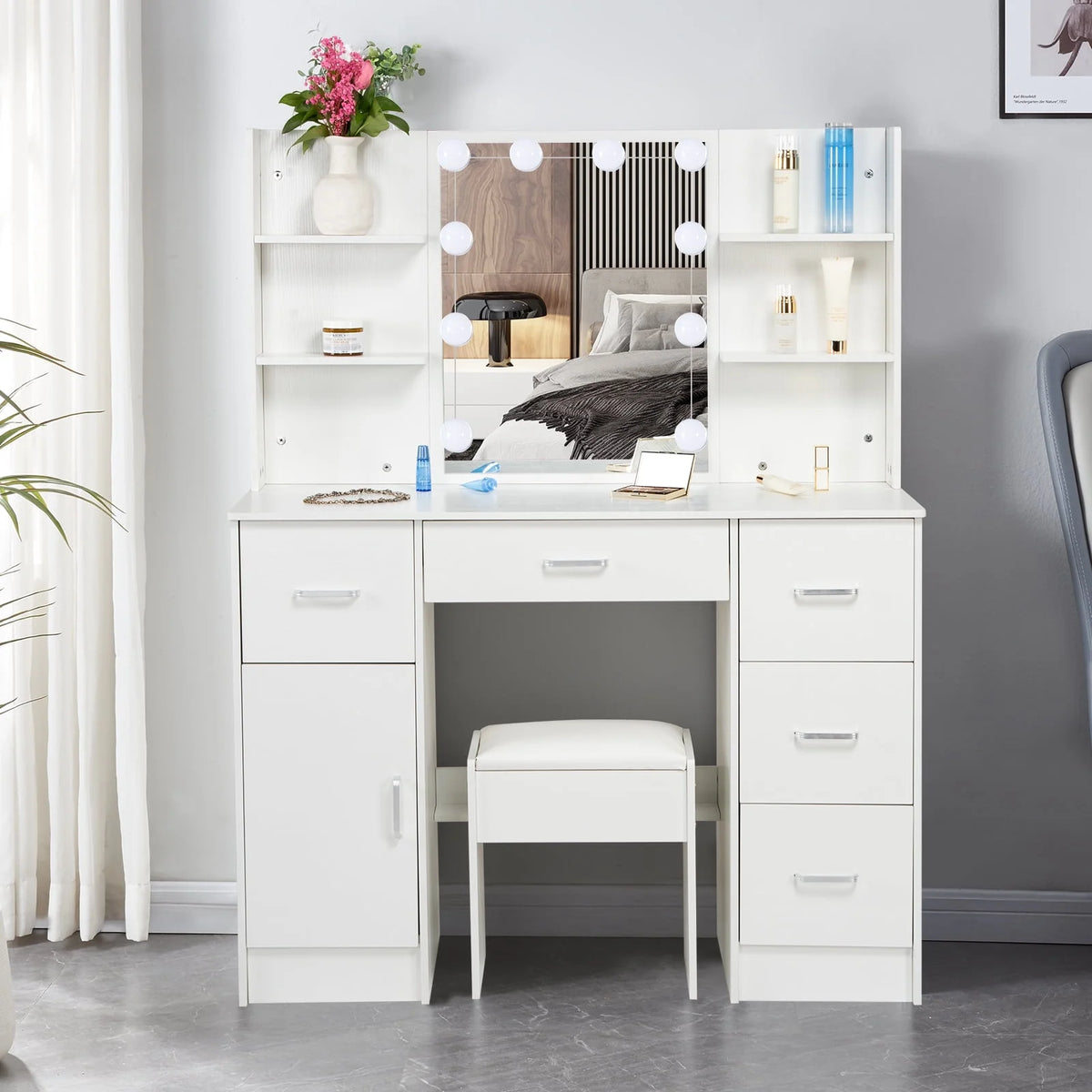 White Vanity Set with LED Lights, Stool, 5 Drawers V1494