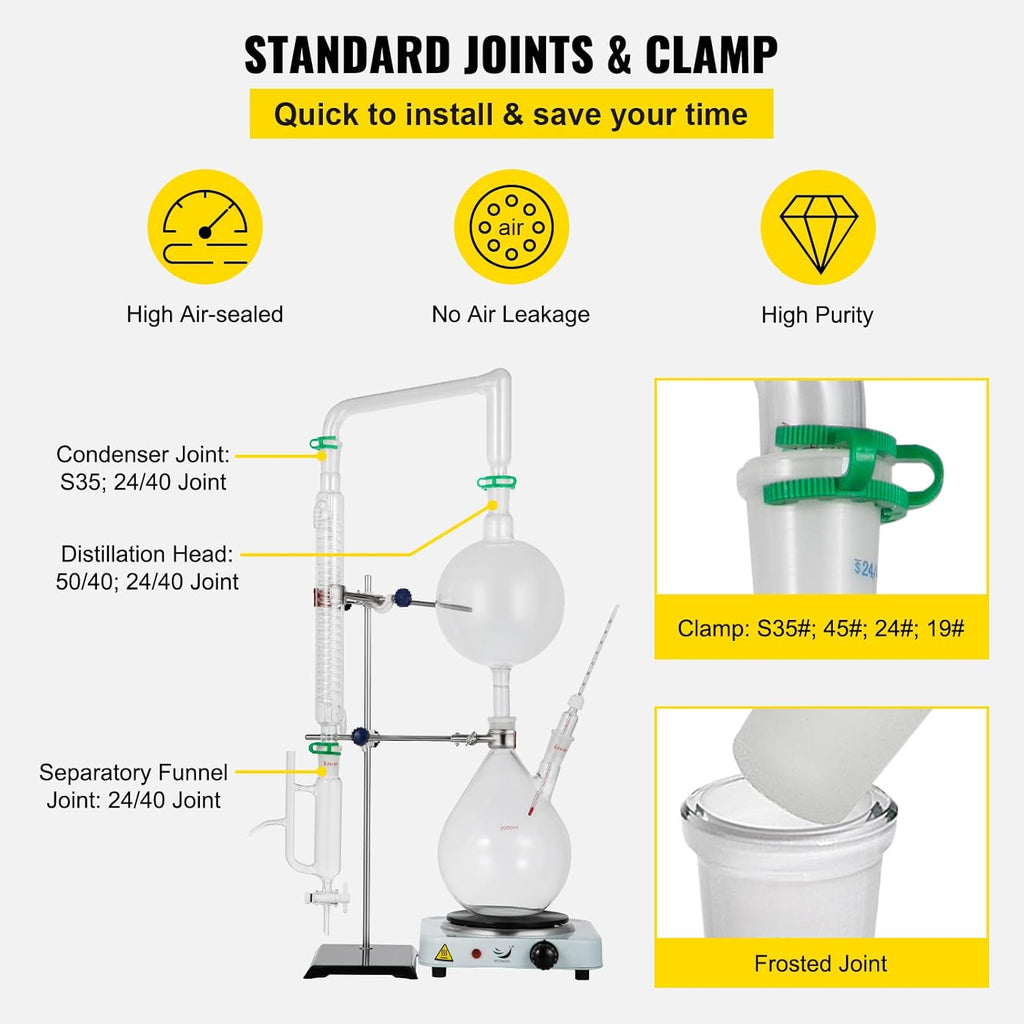 2L Essential Oil Distillation Apparatus Glassware Distillation Kit Water Distiller Purifier with Condenser J768965