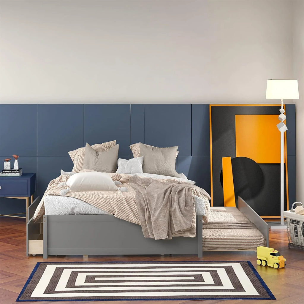 Full Size Wood Platform Bed with Trundle and 2 Drawers O587146