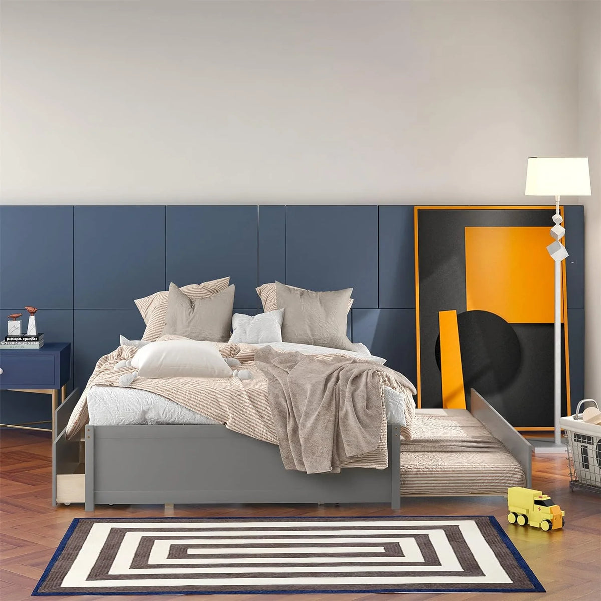 Full Size Wood Platform Bed with Trundle and 2 Drawers O587146