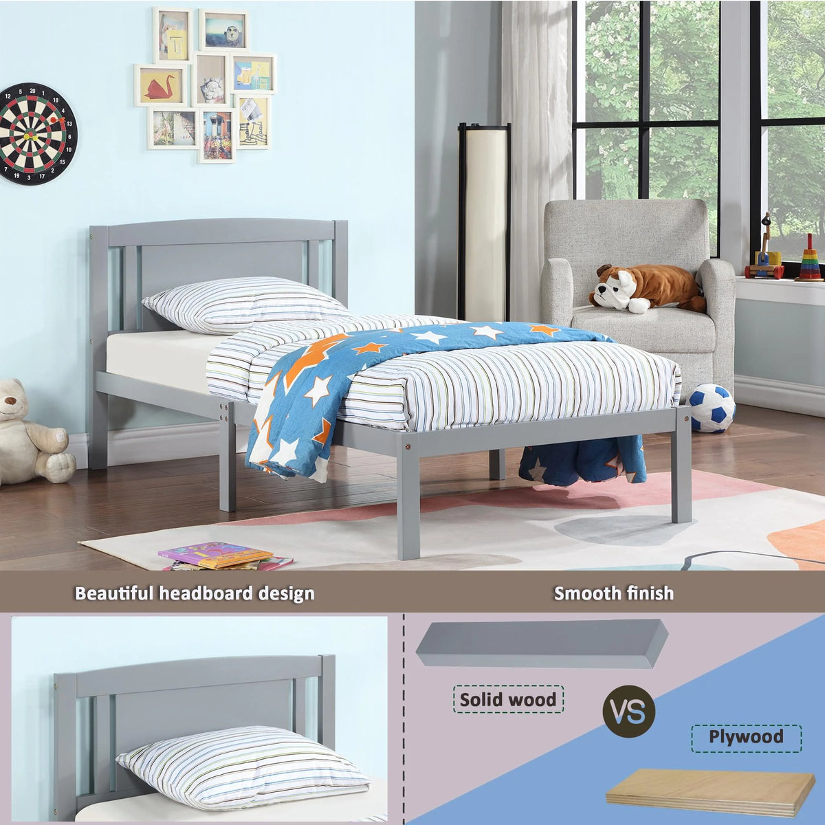 Twin Size Wood Platform Bed with Headboard R343118