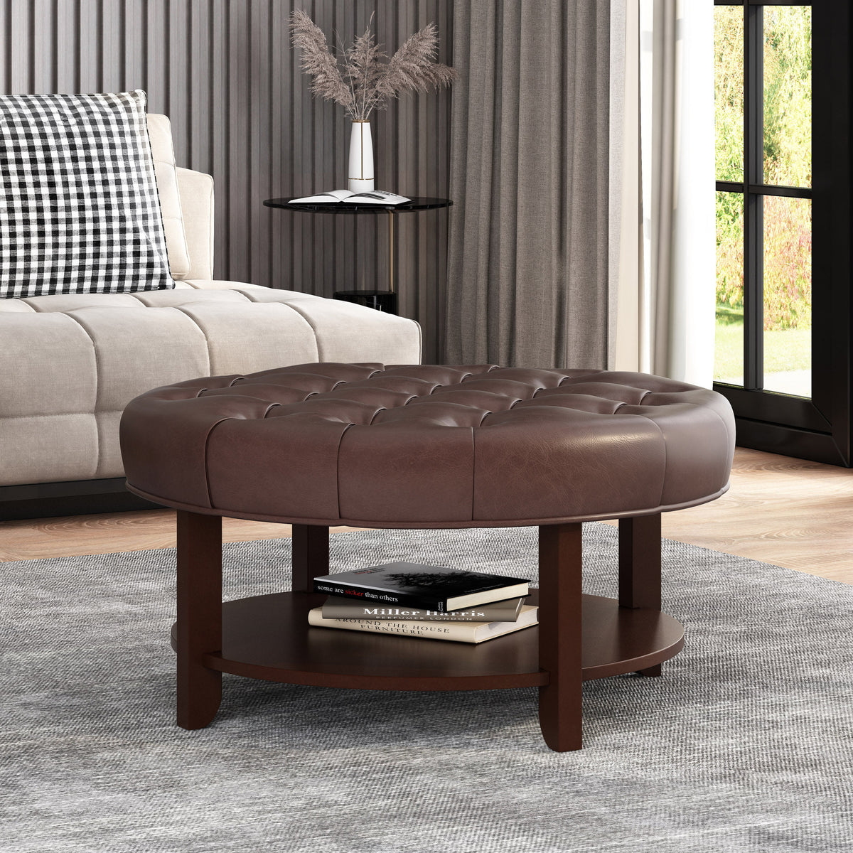 Dark Brown Espresso Faux Leather Tufted Round Ottoman with Open Shelf F1855