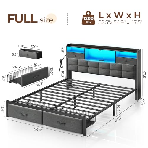 Black Full Size Upholstered Platform Bed Frame with Drawers and Storage Headboard F6221