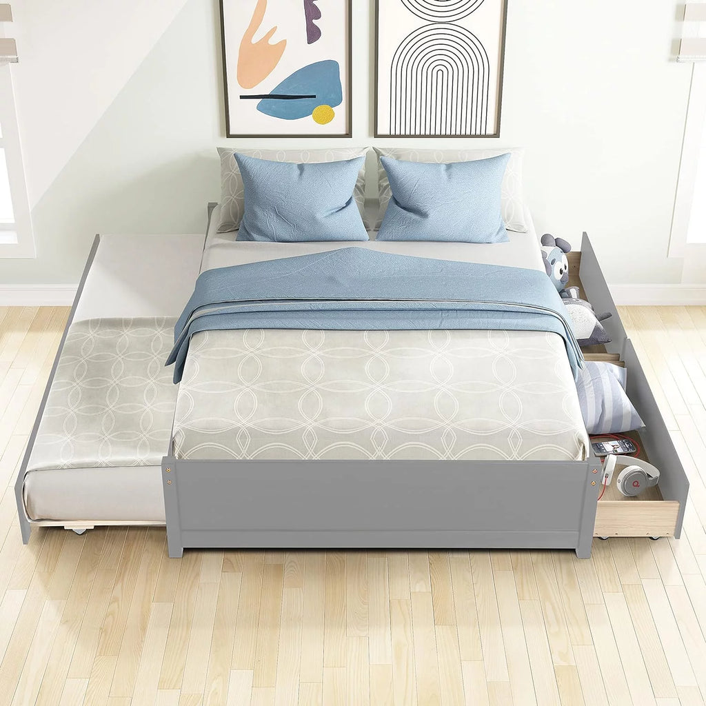 Full Size Wood Platform Bed with Trundle and 2 Drawers O587146