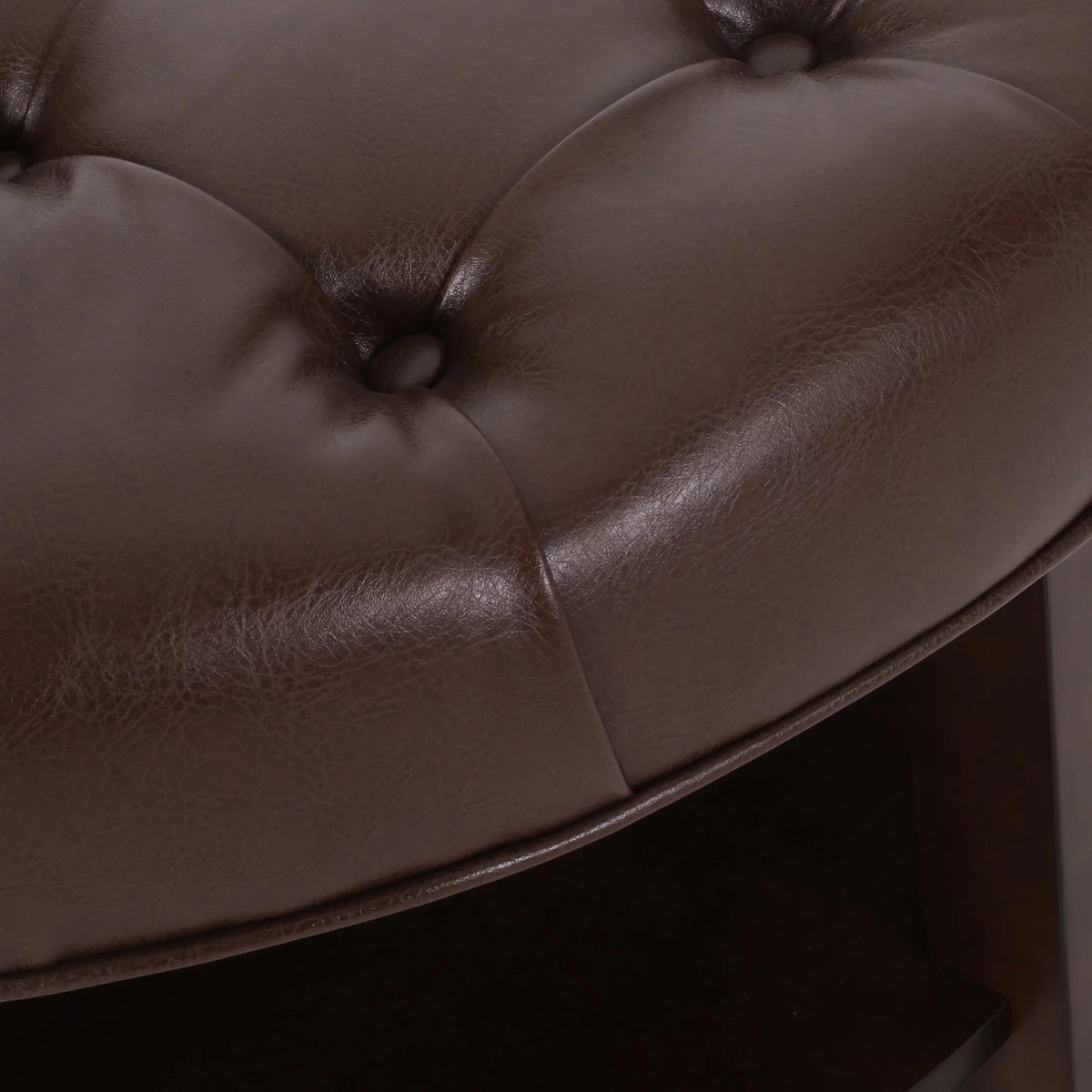 Dark Brown Espresso Faux Leather Tufted Round Ottoman with Open Shelf F1855