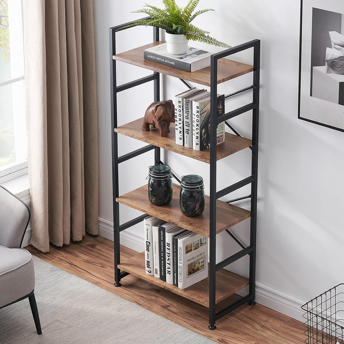 Vintage Brown 4 Tier Wood Bookshelf with Metal Frame X131