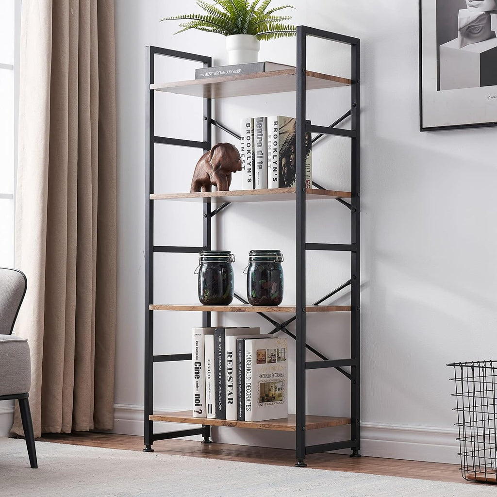 Vintage Brown 4 Tier Wood Bookshelf with Metal Frame X131