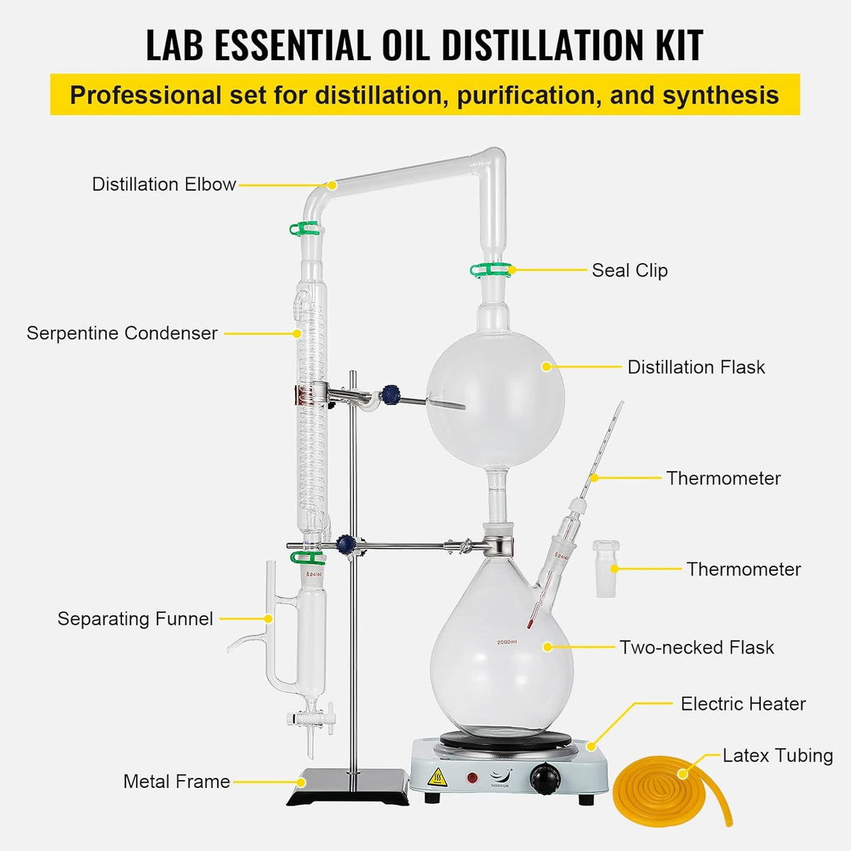 2L Essential Oil Distillation Apparatus Glassware Distillation Kit Water Distiller Purifier with Condenser J768965