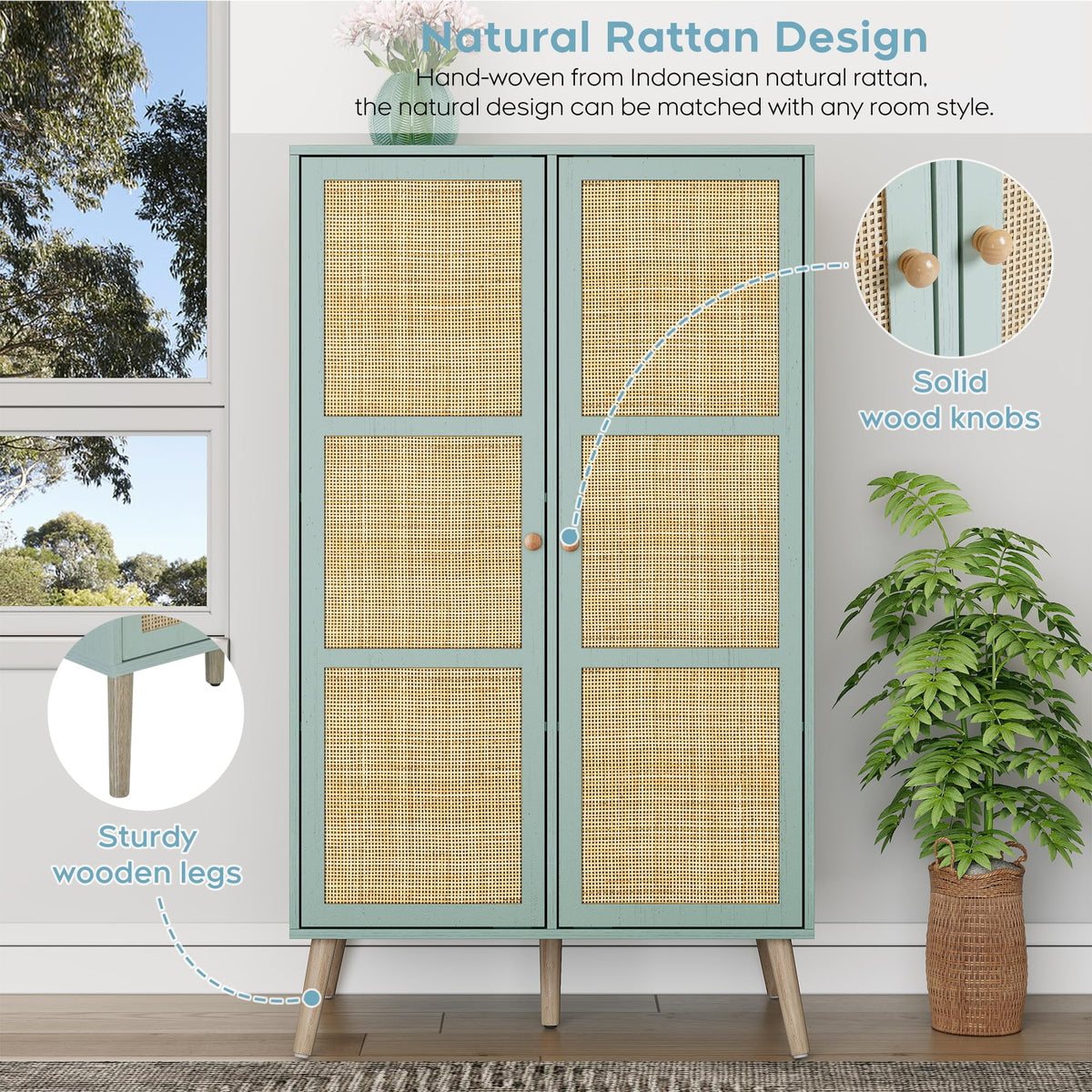 55" Wood Armoire Wardrobe Closet with Rattan Doors T6666