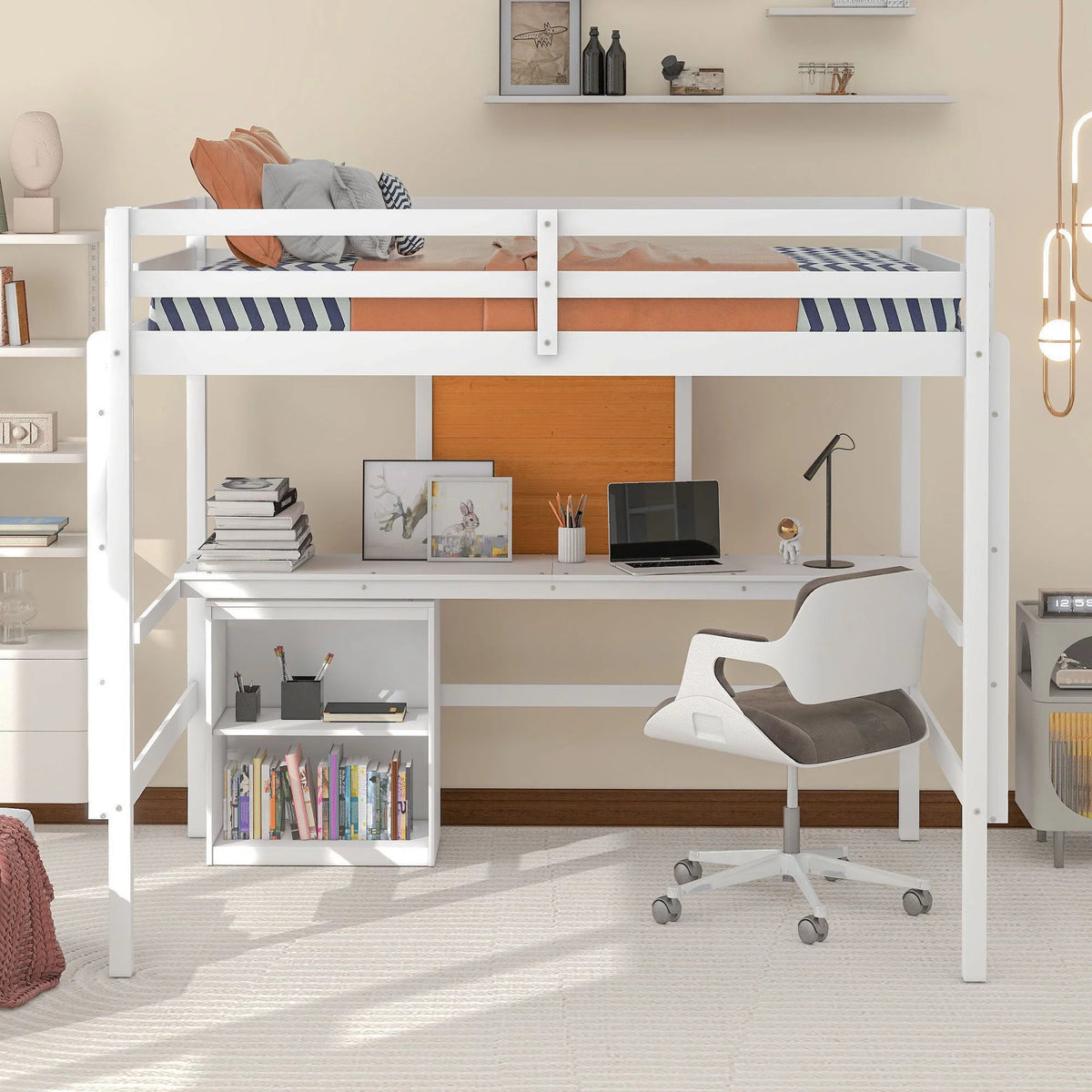 Full Size Loft Bed with Desk and Storage D853