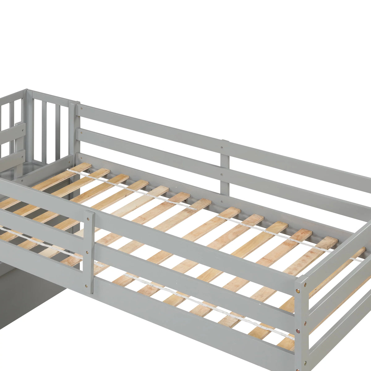 Gray Wood Low Loft Bed Frame with Storage and Stairs O217240