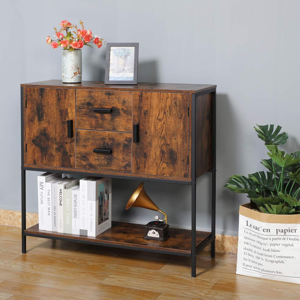 Industrial Buffet Cabinet with 2 Drawers & Doors and 1 Open Shelf A7600