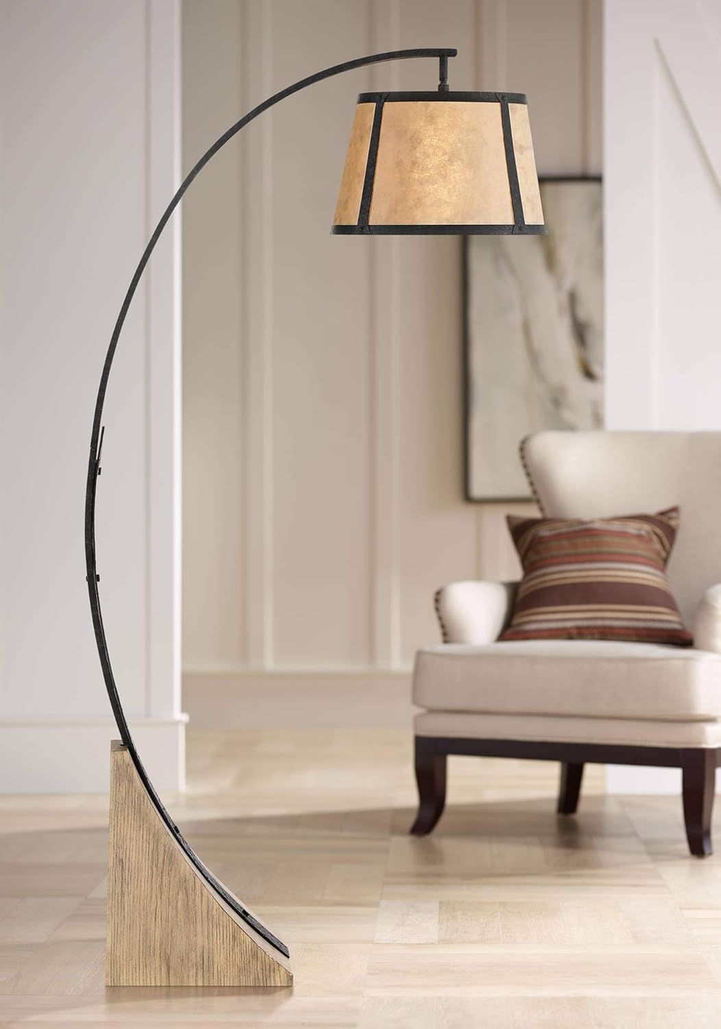 Tall Arched Floor Lamp Dark Gray Black Wood Mica Drum Shade A15586