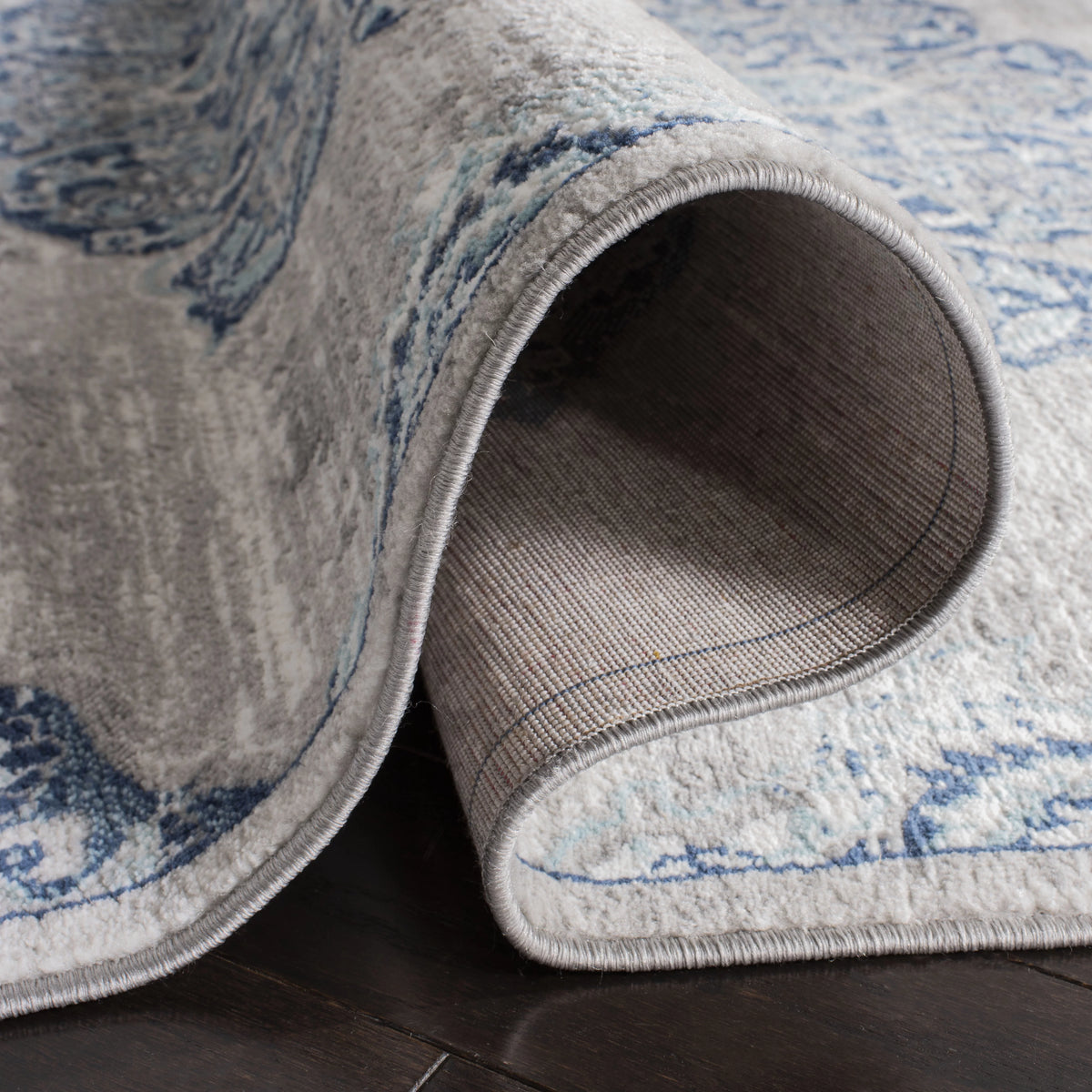 Navy Grey Floral Runner Rug R46116