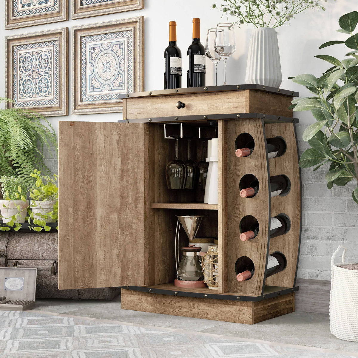 Rustic Reclaimed Oak Finish Multi-Storage Bar Cabinet D335020