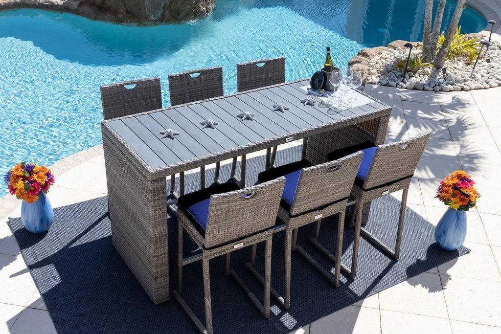 7-Piece Gray Resin Wicker Outdoor Patio Bar Set with Bar Table and Six Bar Chairs G189188