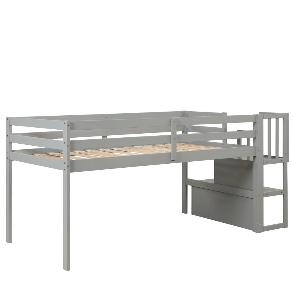 Gray Wood Low Loft Bed Frame with Storage and Stairs O217240