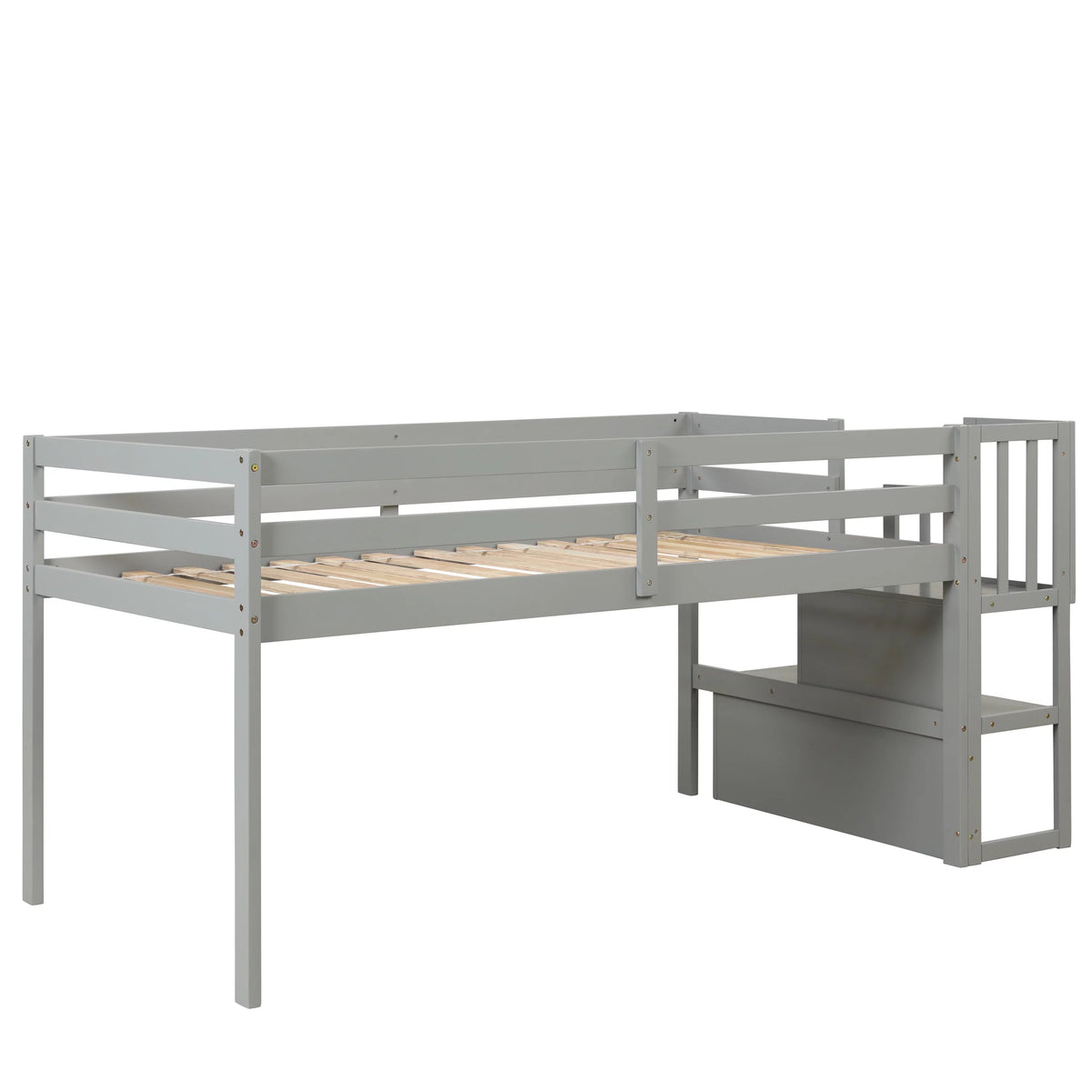 Gray Wood Low Loft Bed Frame with Storage and Stairs O217240
