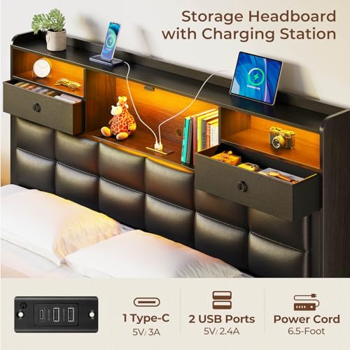 Black Full Size Upholstered Platform Bed Frame with Drawers and Storage Headboard F6221