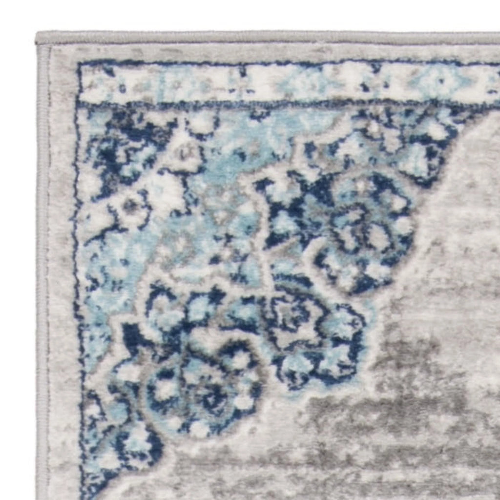 Navy Grey Floral Runner Rug R46116