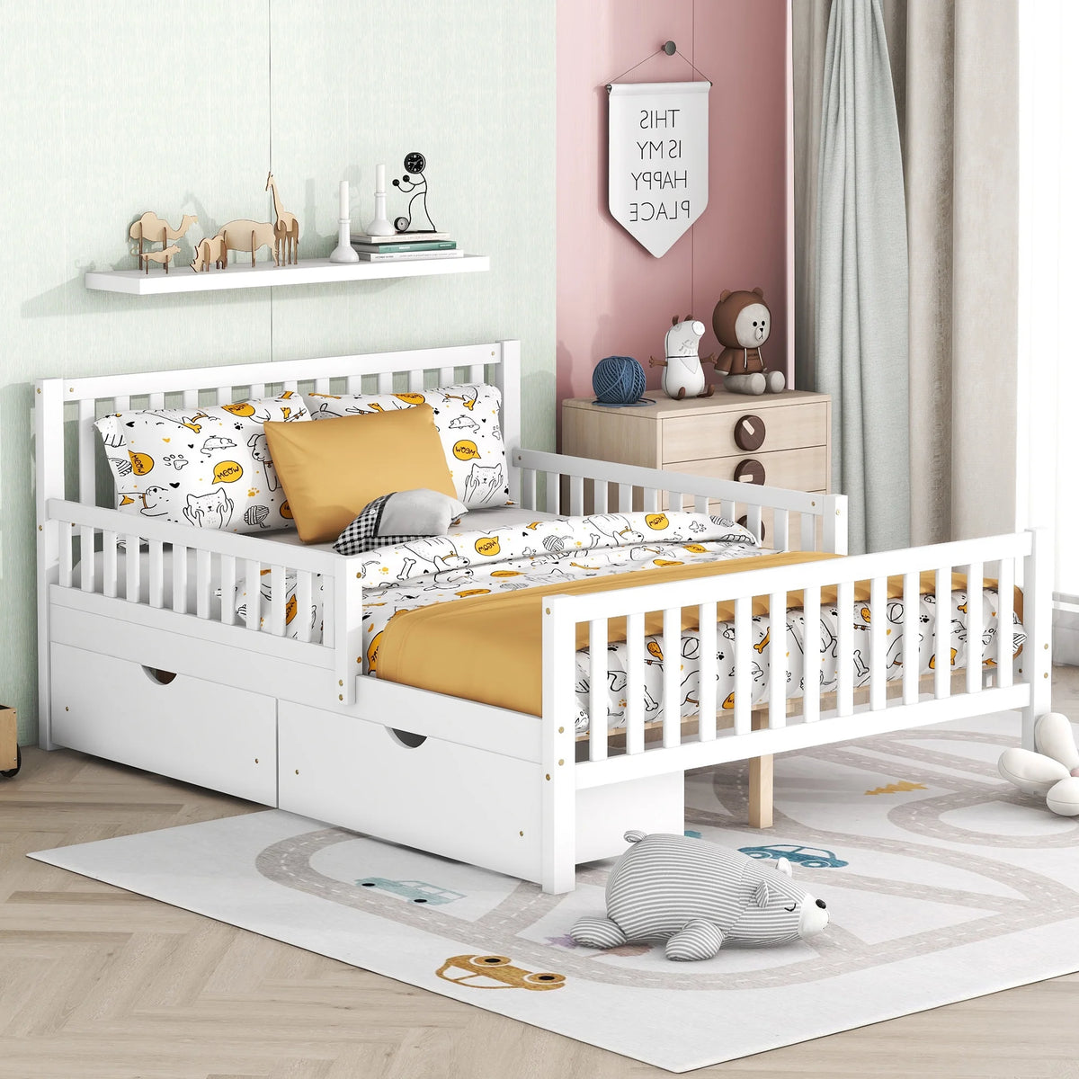 White Wood Full Bed Frame with Storage Drawers L6348