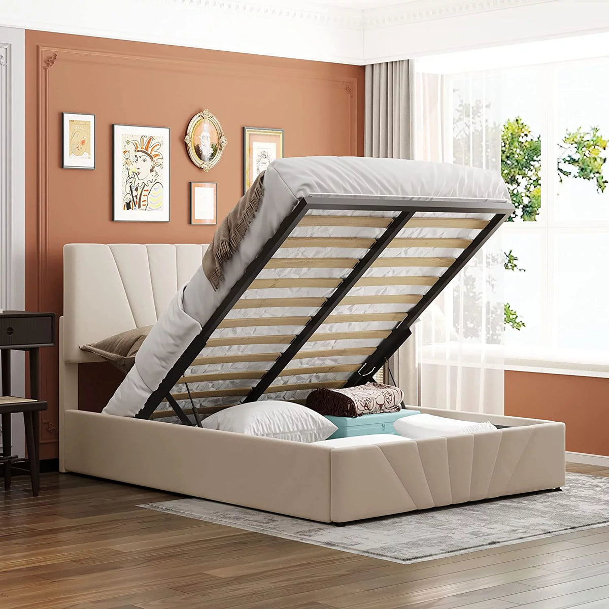Beige Full Size Upholstered Platform Bed with Headboard and Storage R12768