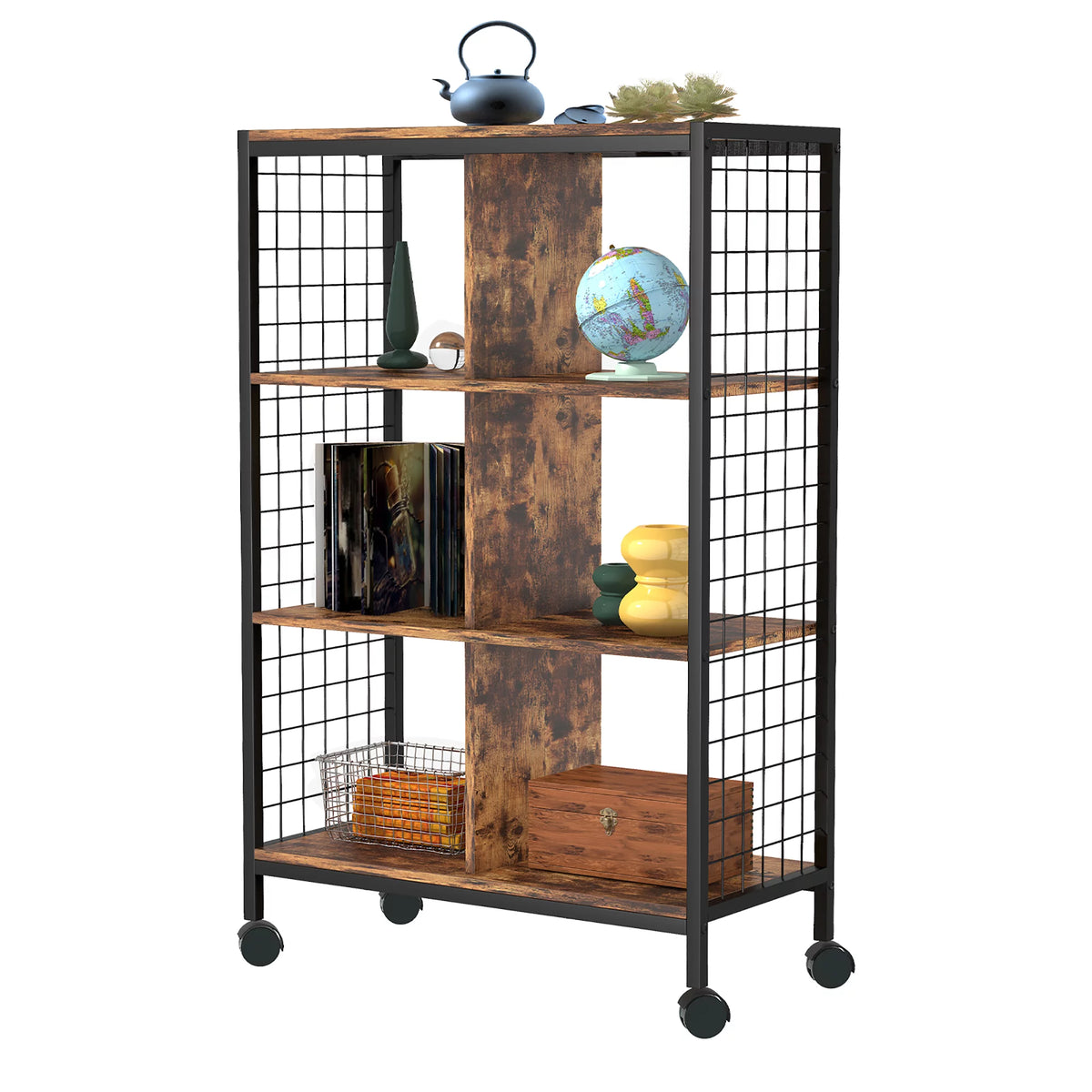 Wood Metal Movable Bookshelf Storage Rack with Wheels P549663