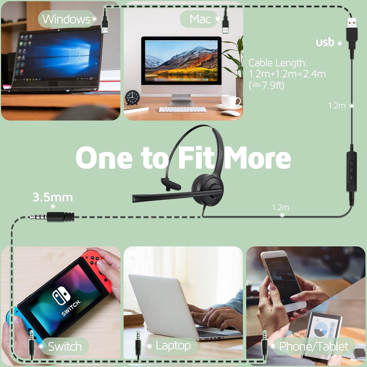 USB Headset with Microphone, Noise Cancelling Mic, On-Ear, Pack of 2 H175