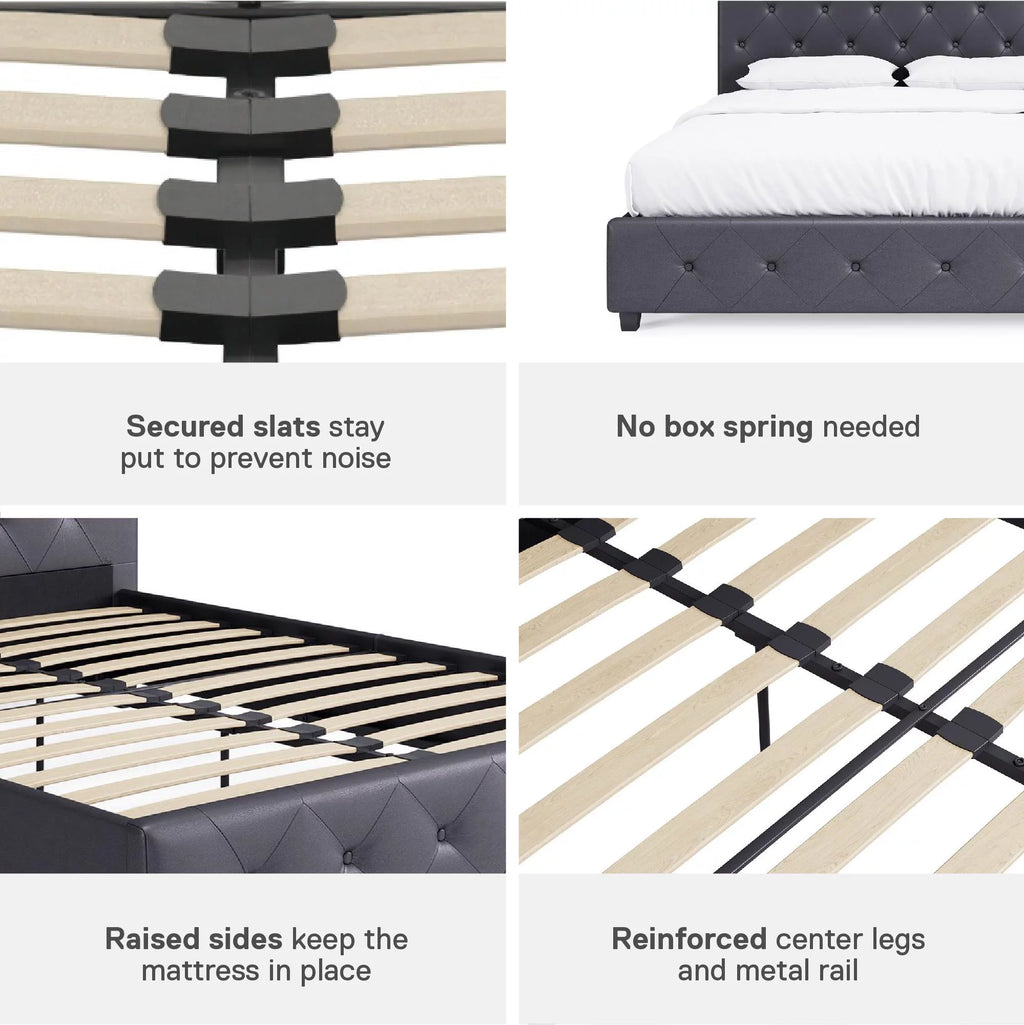 Queen Gray Faux Leather Upholstered Platform Bed V6554