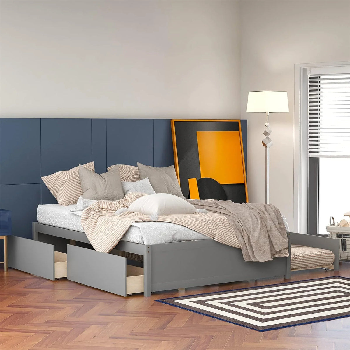 Full Size Wood Platform Bed with Trundle and 2 Drawers O587146