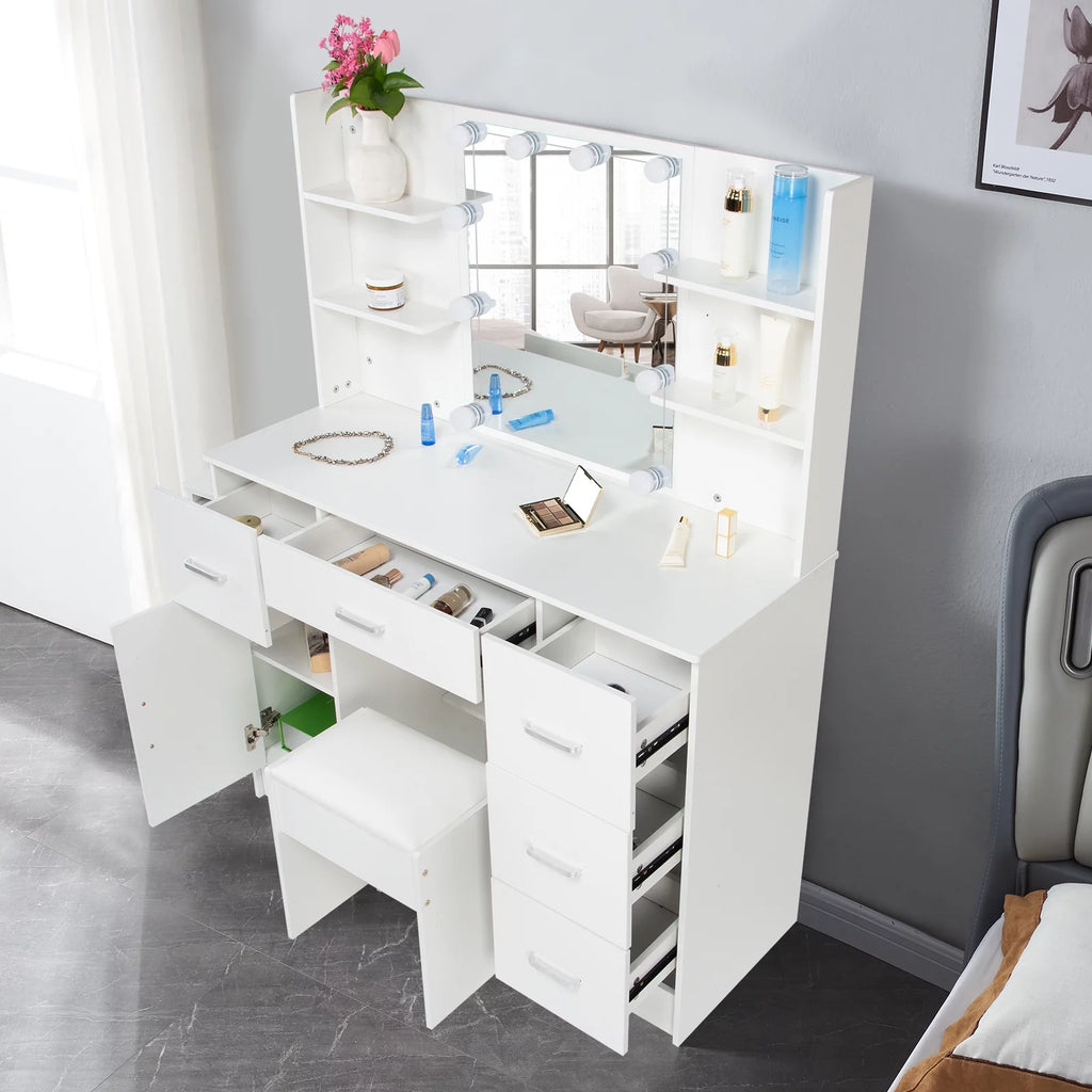 White Vanity Set with LED Lights, Stool, 5 Drawers V1494