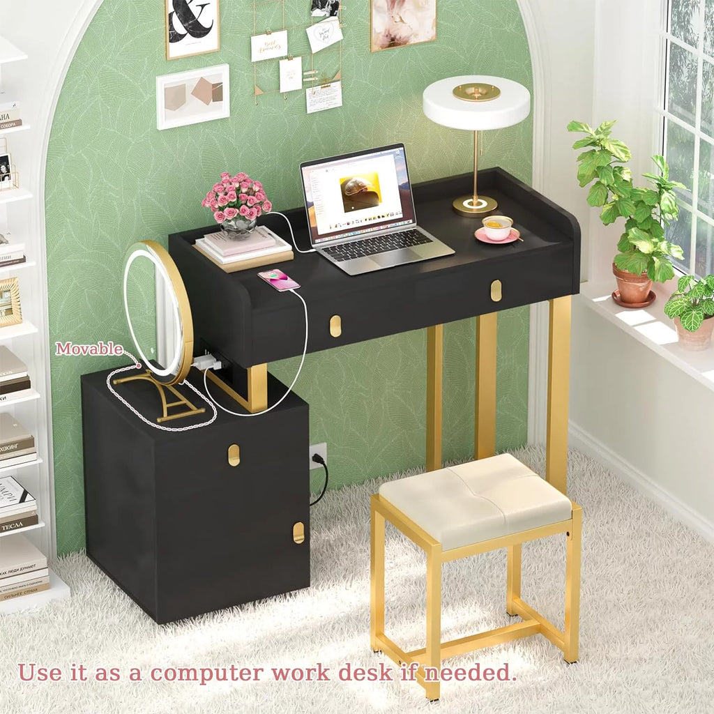 Black Vanity Desk with Lighted Mirror and Chair H2609