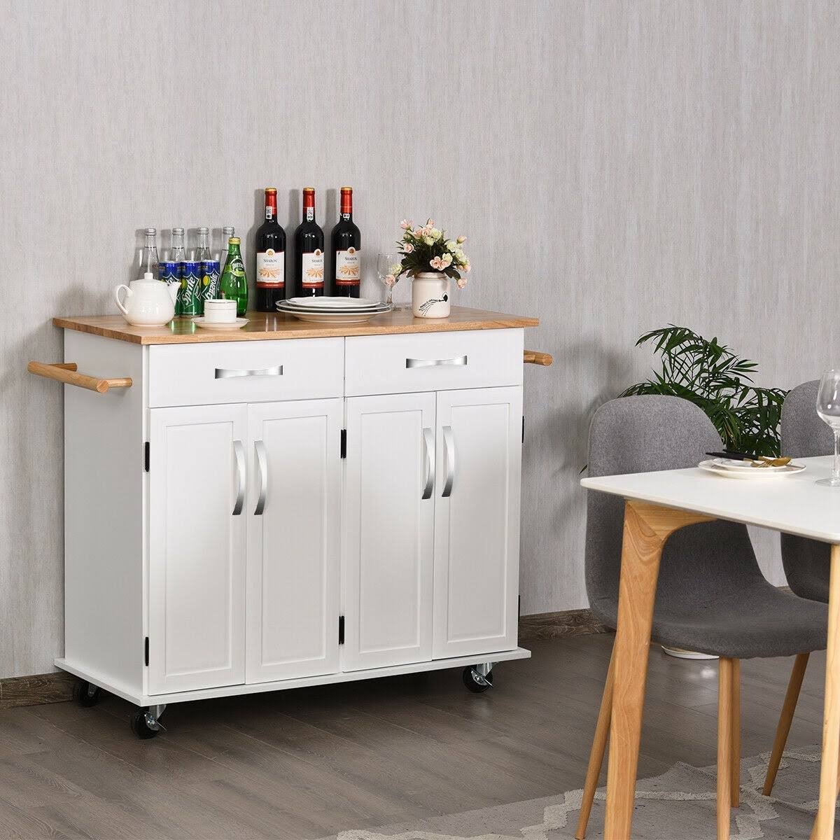 White Wood Top Rolling Kitchen Utility Cart H71671