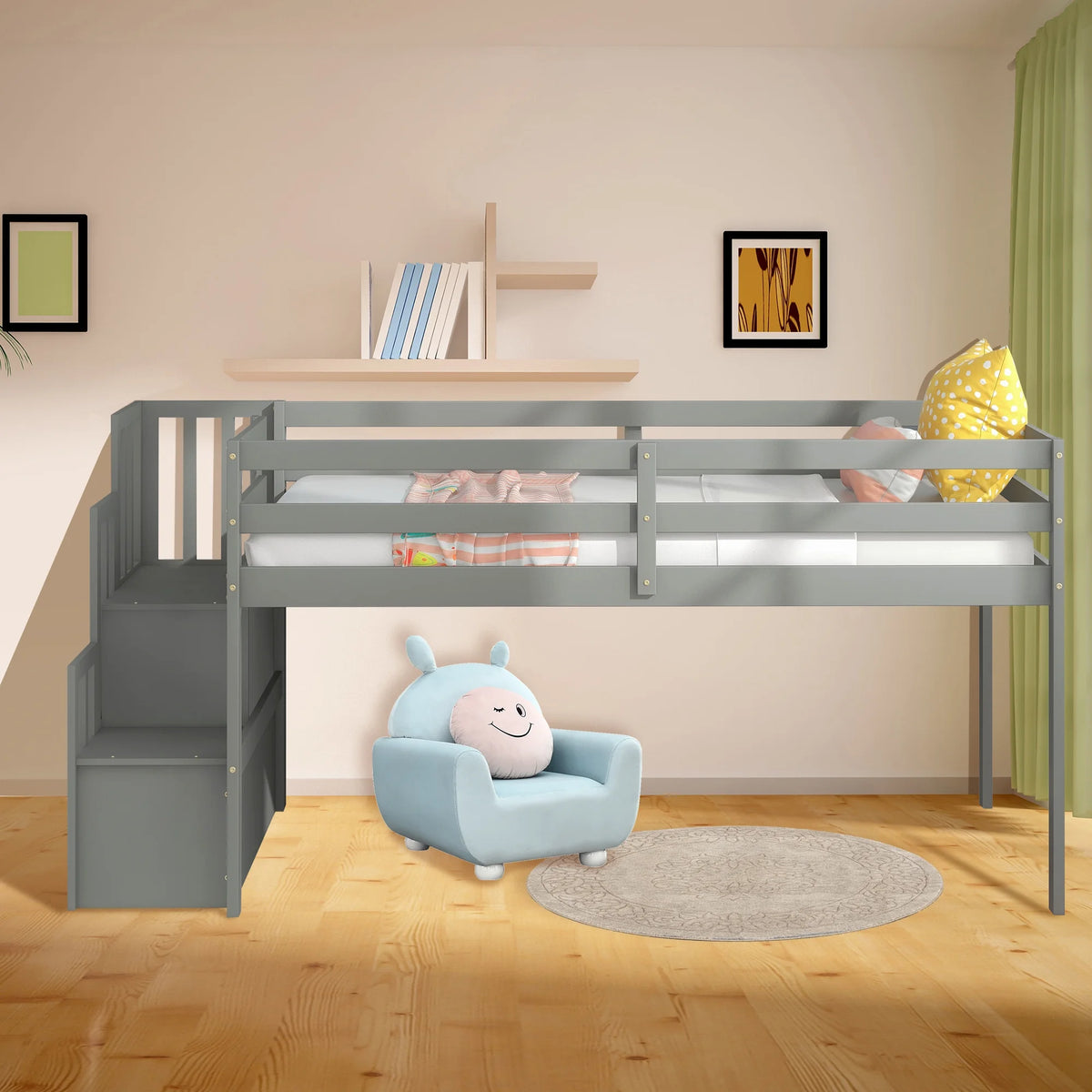 Gray Wood Low Loft Bed Frame with Storage and Stairs O217240
